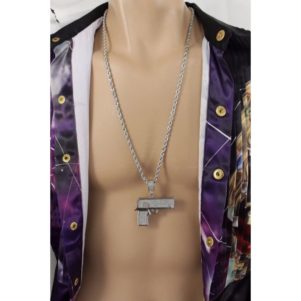 New Men Silver Metal Chain Gun Pistol Pendant Necklace Street Hip Hop Jewelry